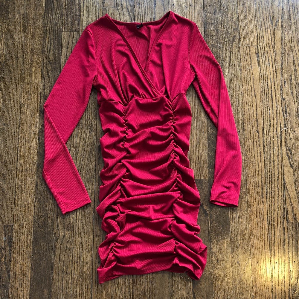 SHEIN Ribbed Ruched Red Bodycon Stretch V-Neck Longsleeve Dress